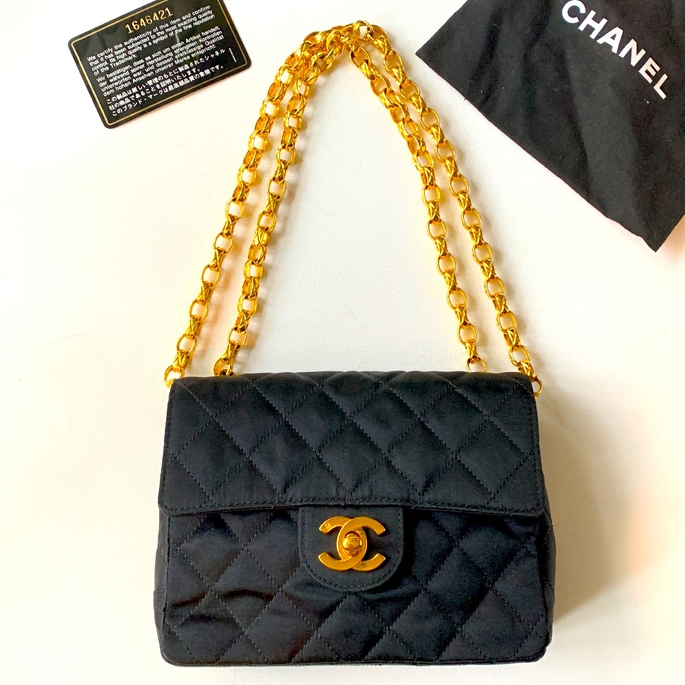 CHANEL 🖤RARE Vintage “1” Series Real Gold Bijoux Chain Black Satin Quilted Bag